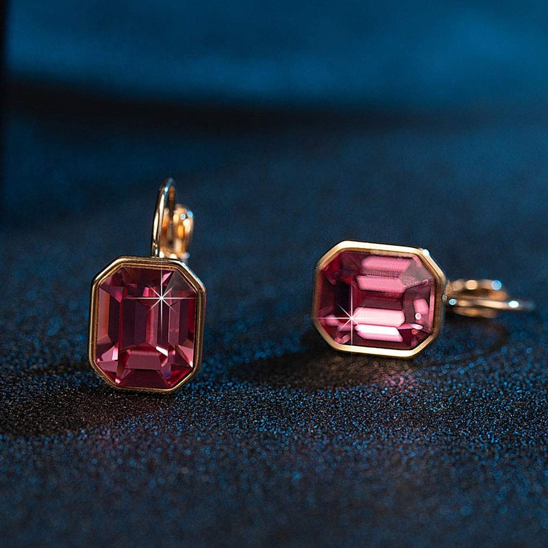 EVEVIC Austrian Crystal Octagon Leverback Drop Earrings for Women 14K Rose Gold Plated Hypoallergenic Jewelry (Rose Pink) - Image 3